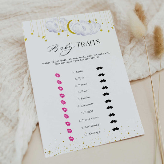 Fully editable and printable baby shower baby traits game with a little star design. Perfect for a Twinkle Little Star baby shower themed party