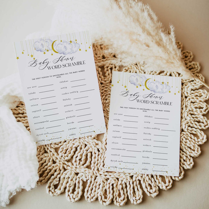 Fully editable and printable baby shower baby word scramble game with a little star design. Perfect for a Twinkle Little Star baby shower themed party