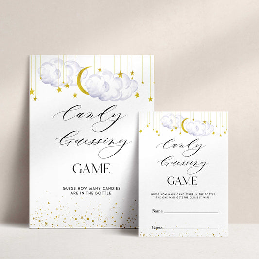 Fully editable and printable baby shower candy guessing game game with a little star design. Perfect for a Twinkle Little Star baby shower themed party