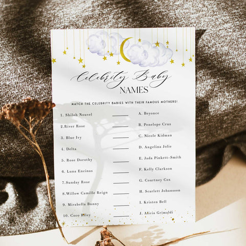 Fully editable and printable baby shower celebrity baby names game with a little star design. Perfect for a Twinkle Little Star baby shower themed party