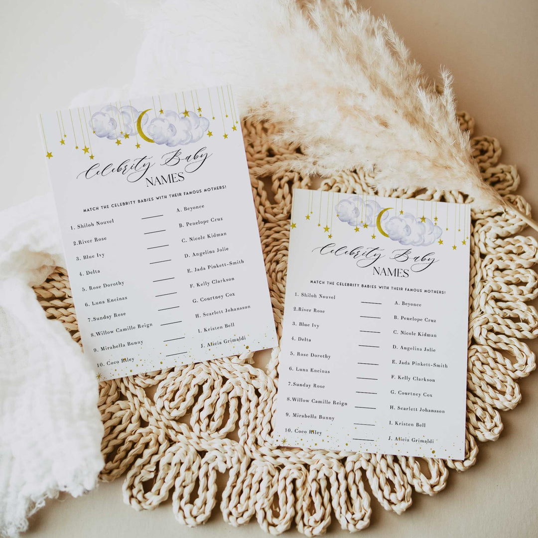 Fully editable and printable baby shower celebrity baby names game with a little star design. Perfect for a Twinkle Little Star baby shower themed party