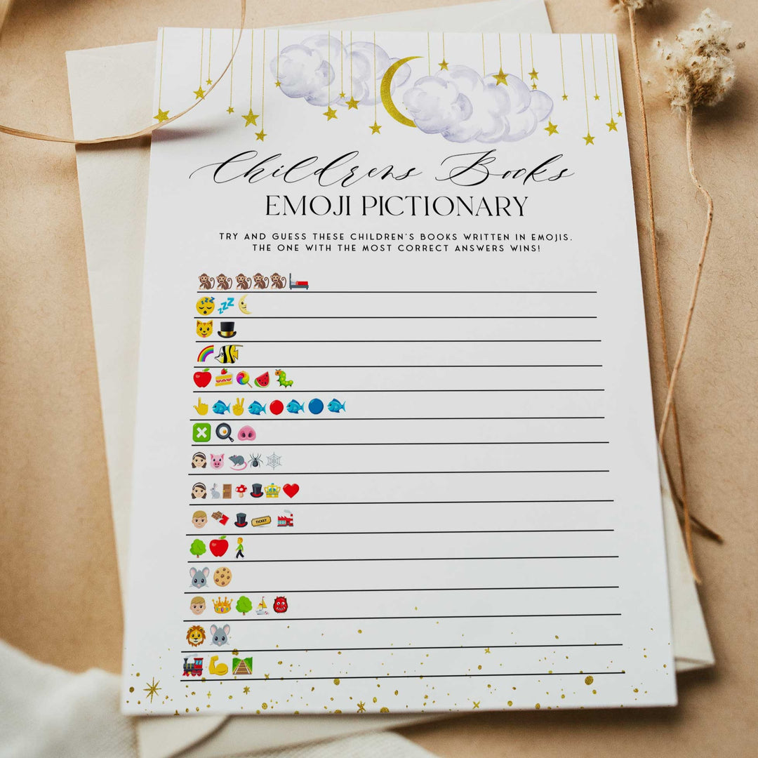Fully editable and printable baby shower childrens books emoji pictionary game with a little star design. Perfect for a Twinkle Little Star baby shower themed party