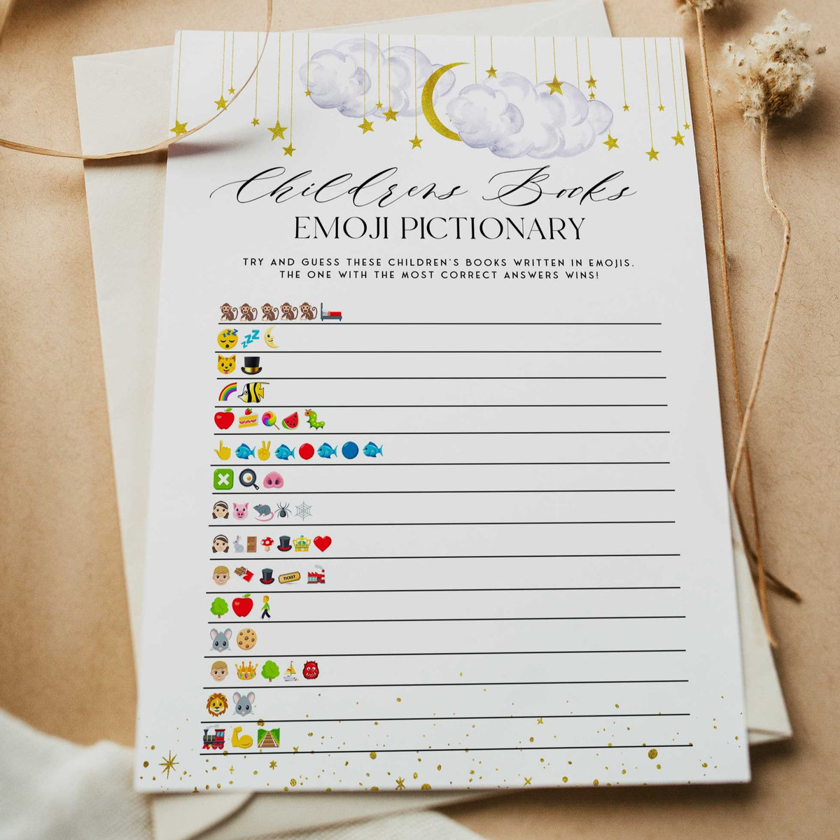 Fully editable and printable baby shower childrens books emoji pictionary game with a little star design. Perfect for a Twinkle Little Star baby shower themed party