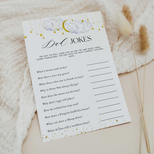 Fully editable and printable baby shower dad jokes game with a little star design. Perfect for a Twinkle Little Star baby shower themed party