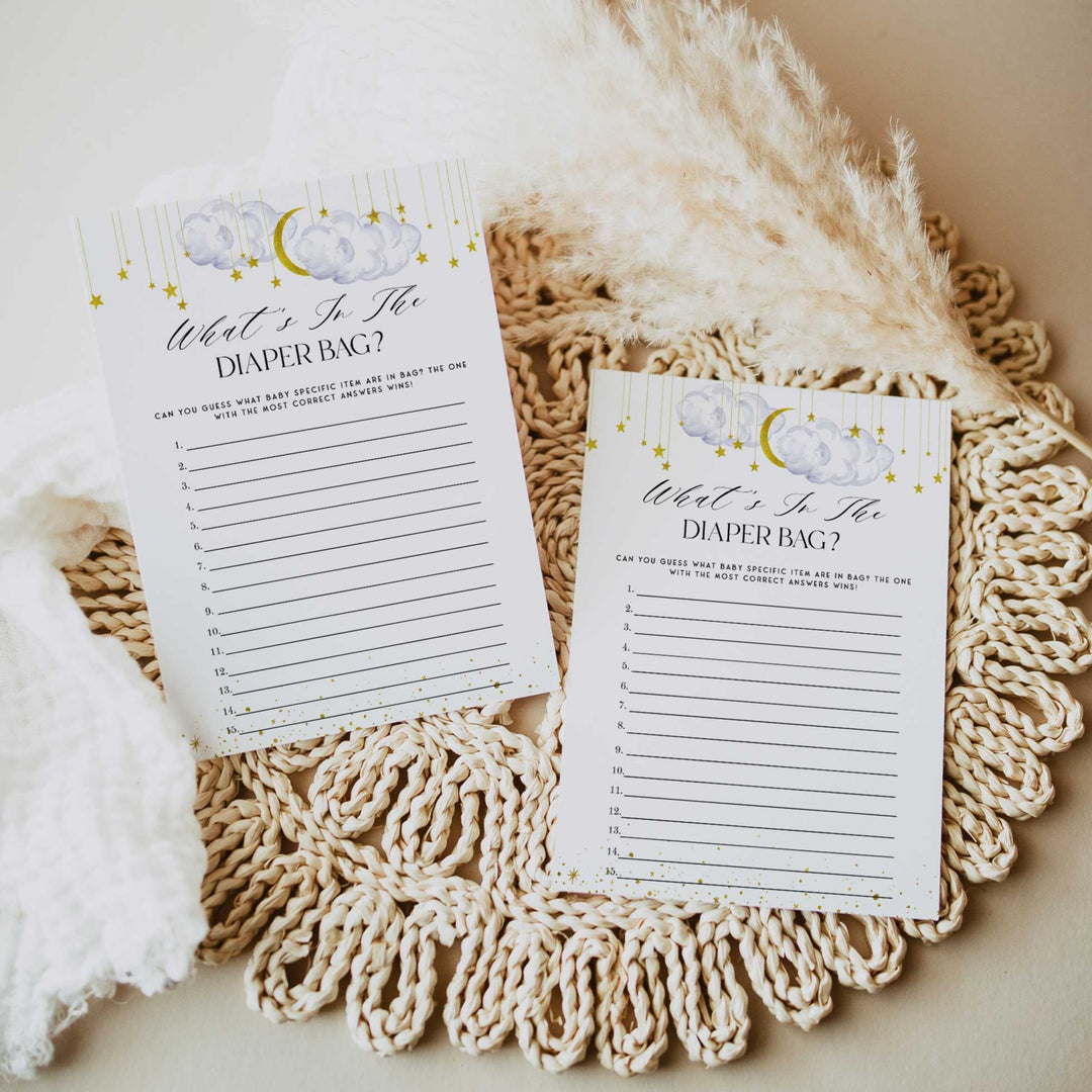 Fully editable and printable baby shower diaper bag game with a little star design. Perfect for a Twinkle Little Star baby shower themed party