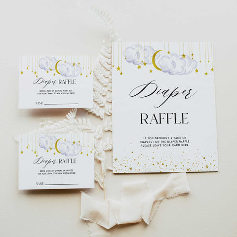 Fully editable and printable baby shower diaper raffle game with a little star design. Perfect for a Twinkle Little Star baby shower themed party