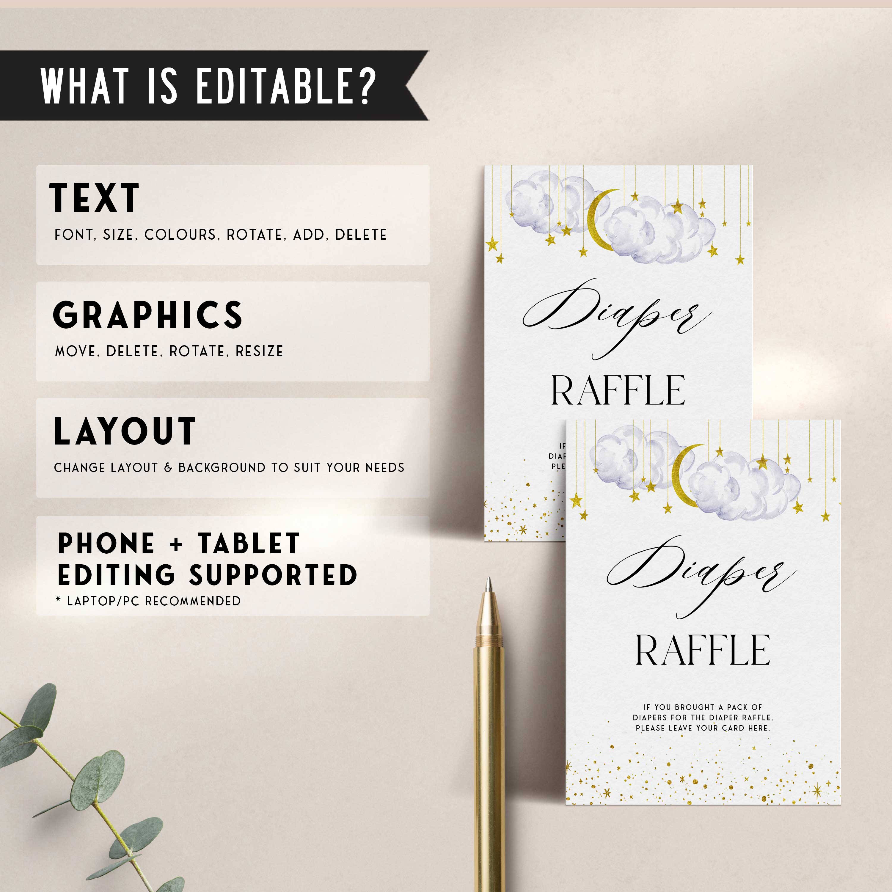 Fully editable and printable baby shower diaper raffle game with a little star design. Perfect for a Twinkle Little Star baby shower themed party
