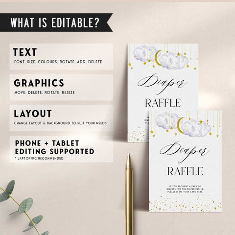 Fully editable and printable baby shower diaper raffle game with a little star design. Perfect for a Twinkle Little Star baby shower themed party