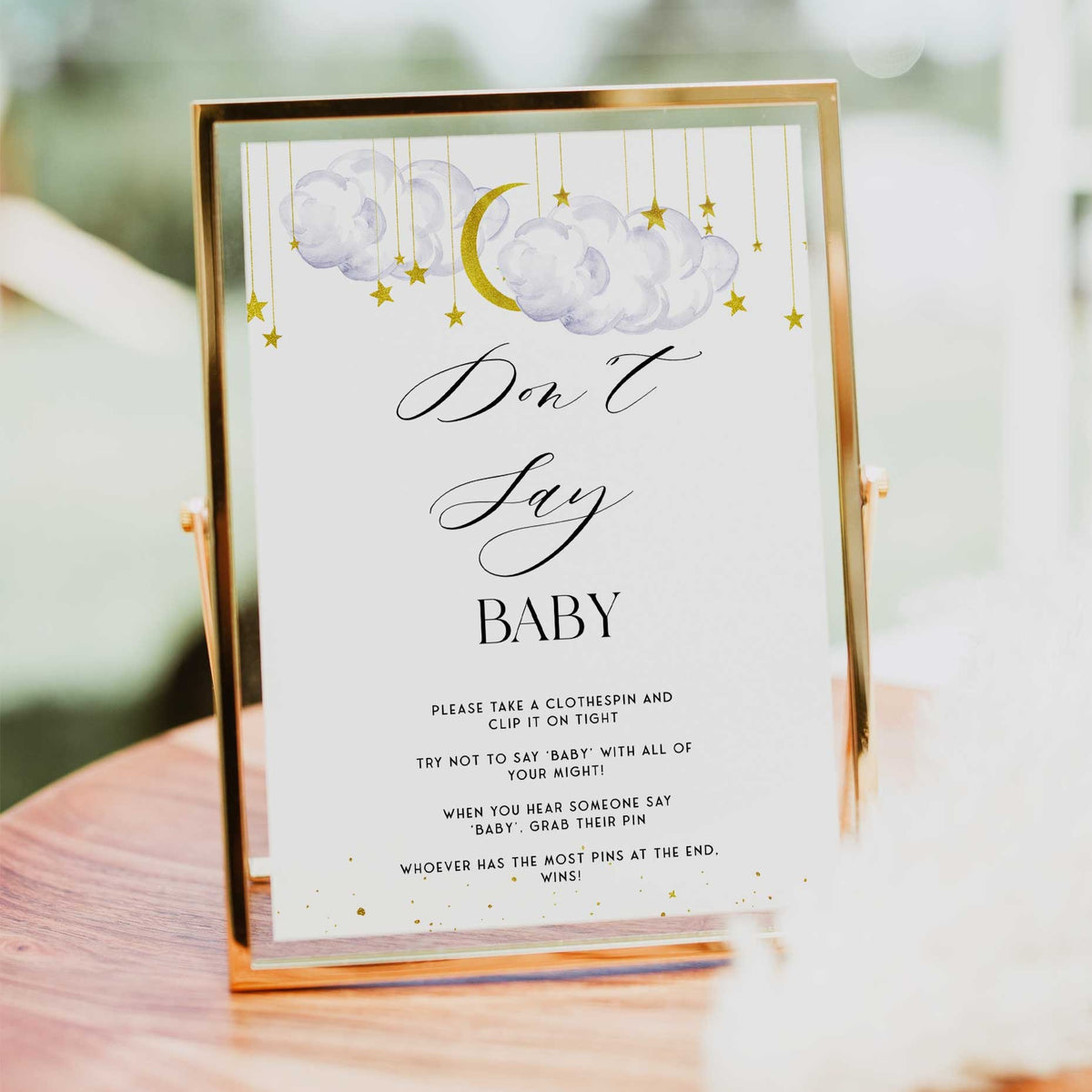 Fully editable and printable baby shower don't say baby game with a little star design. Perfect for a Twinkle Little Star baby shower themed party