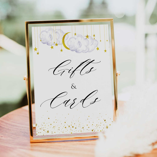 Fully editable and printable baby shower gifts and cards table sign with a twinkle little star design. Perfect for a twinkle little star baby shower themed party