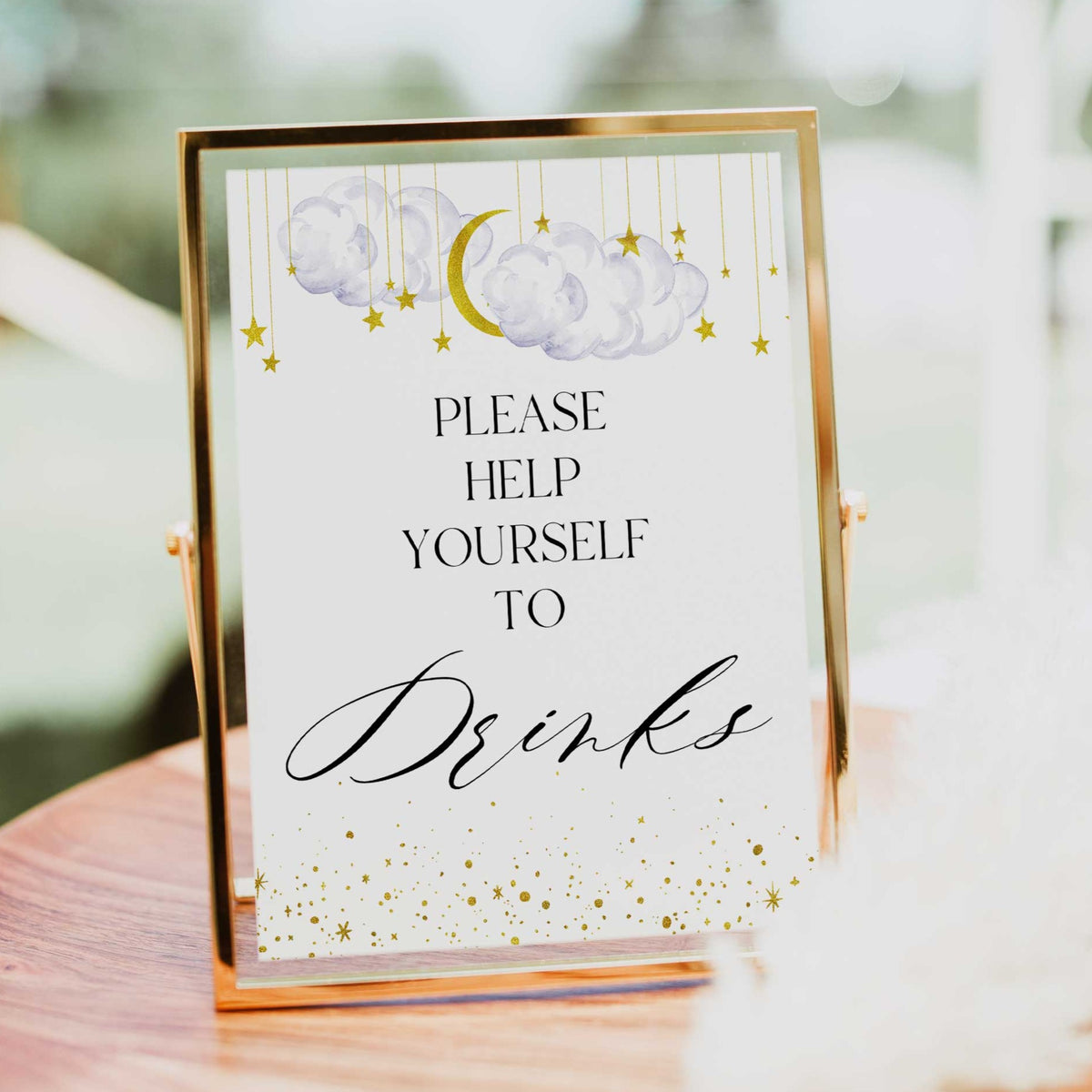 Fully editable and printable baby shower drinks table sign with a twinkle little star design. Perfect for a twinkle little star baby shower themed party