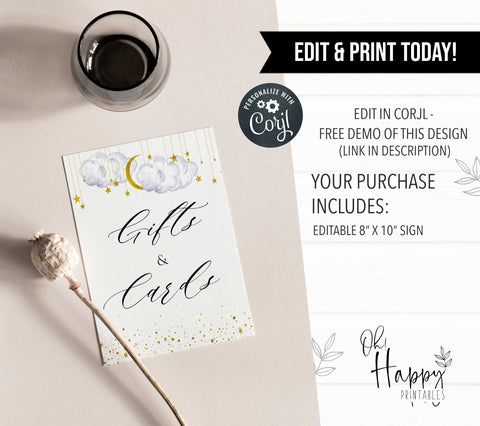 Fully editable and printable baby shower gifts and cards table sign with a twinkle little star design. Perfect for a twinkle little star baby shower themed party