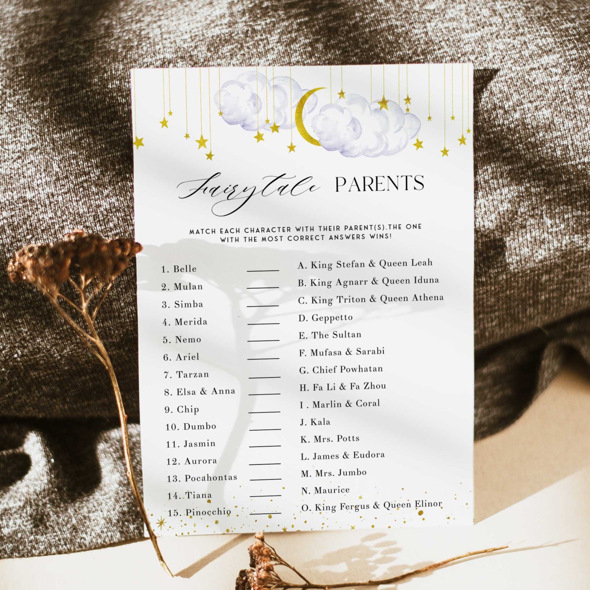 Fully editable and printable baby shower fairytale parents game with a little star design. Perfect for a Twinkle Little Star baby shower themed party
