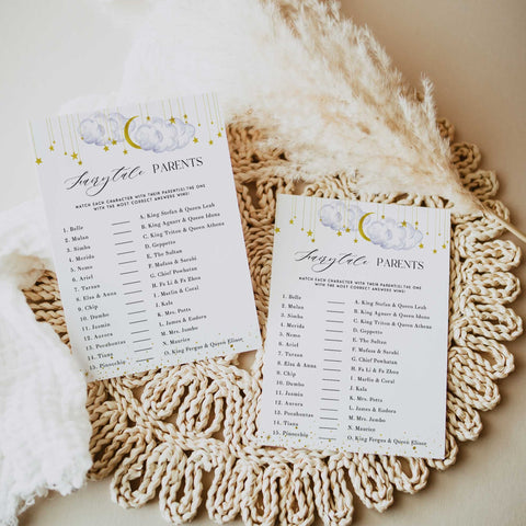 Fully editable and printable baby shower fairytale parents game with a little star design. Perfect for a Twinkle Little Star baby shower themed party