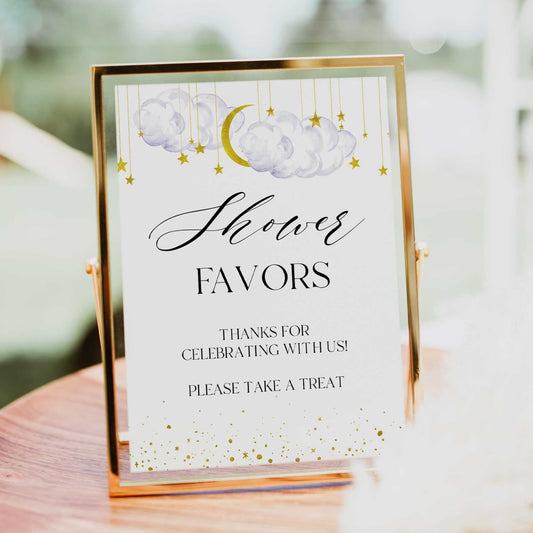 Fully editable and printable baby shower favors table sign with a twinkle little star design. Perfect for a twinkle little star baby shower themed party