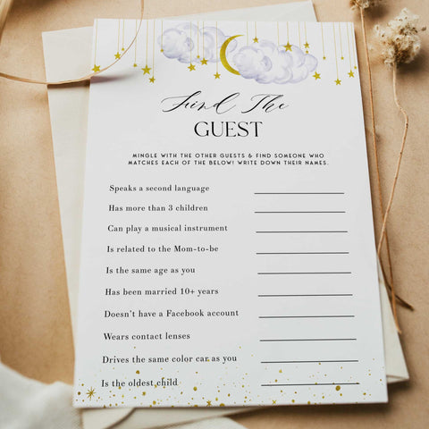 Fully editable and printable baby shower find the guest game with a little star design. Perfect for a Twinkle Little Star baby shower themed party