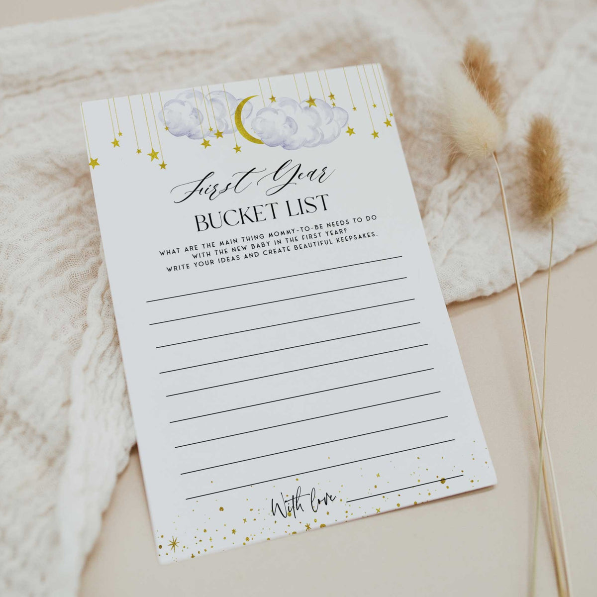 Fully editable and printable baby shower first year bucket list game with a little star design. Perfect for a Twinkle Little Star baby shower themed party