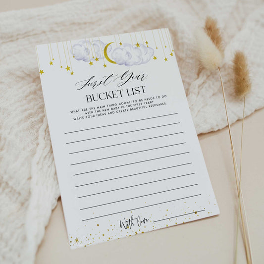 Fully editable and printable baby shower first year bucket list game with a little star design. Perfect for a Twinkle Little Star baby shower themed party