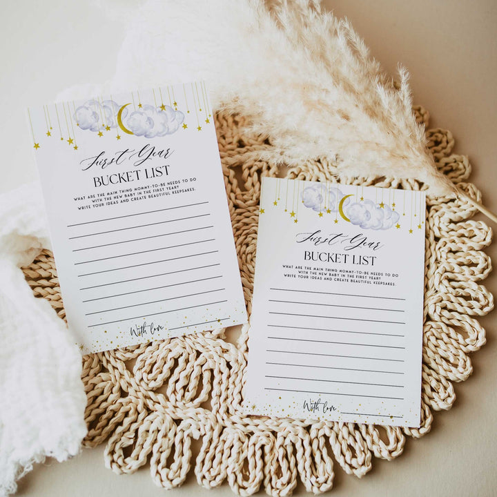 Fully editable and printable baby shower first year bucket list game with a little star design. Perfect for a Twinkle Little Star baby shower themed party