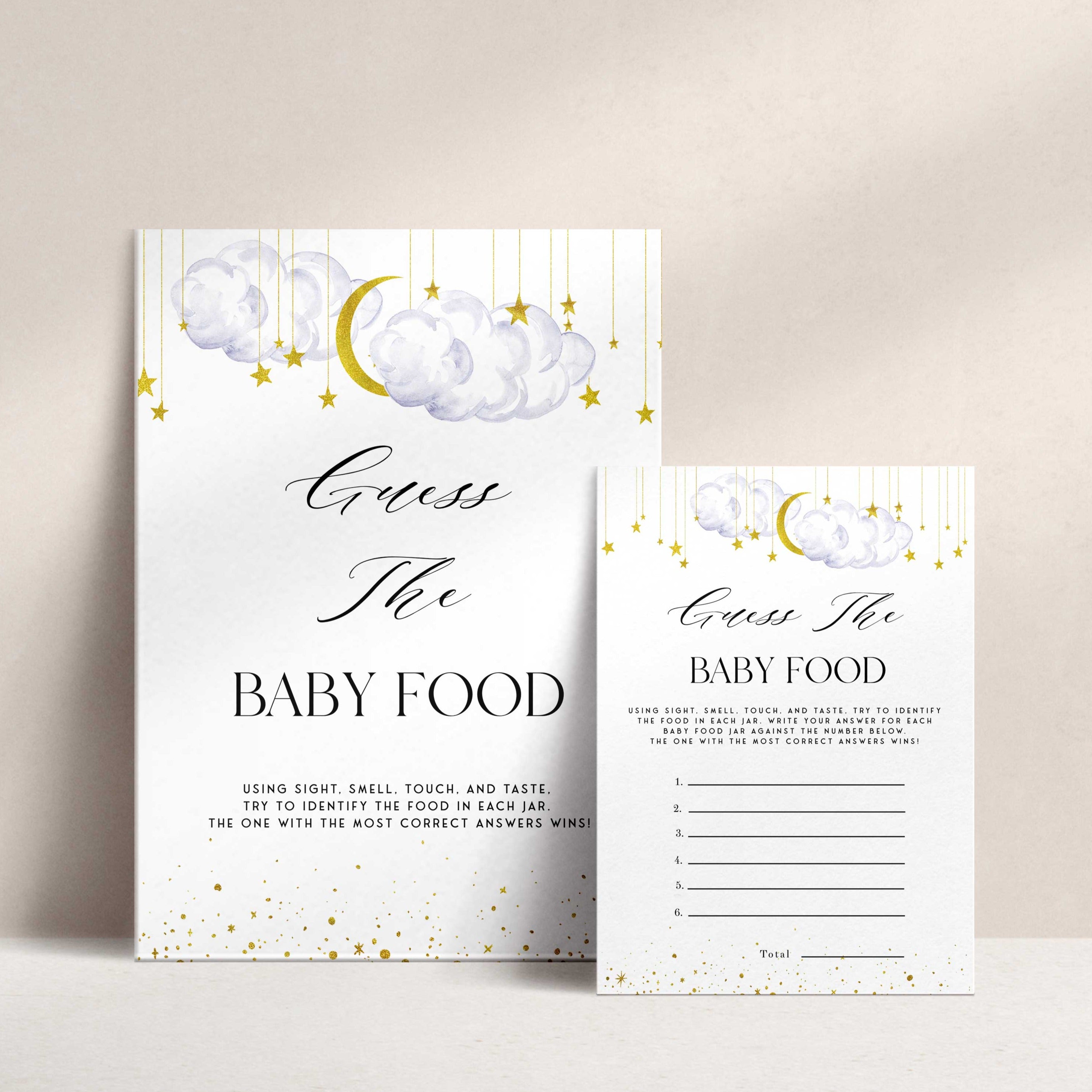Fully editable and printable baby shower guess the baby food game with a little star design. Perfect for a Twinkle Little Star baby shower themed party