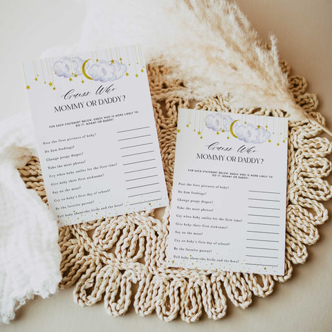 Fully editable and printable baby shower guess who said it game with a little star design. Perfect for a Twinkle Little Star baby shower themed party
