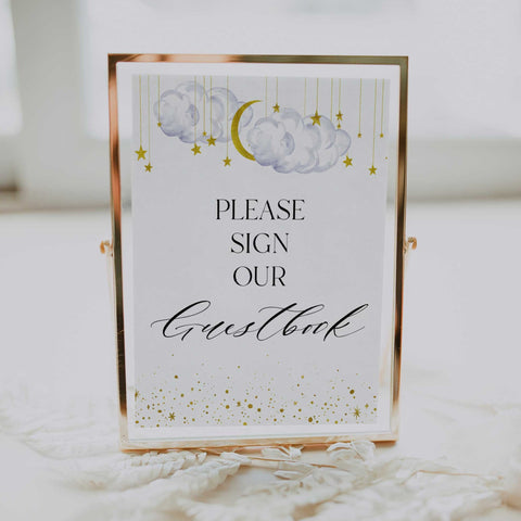 Fully editable and printable baby shower guestbook table sign with a twinkle little star design. Perfect for a twinkle little star baby shower themed party