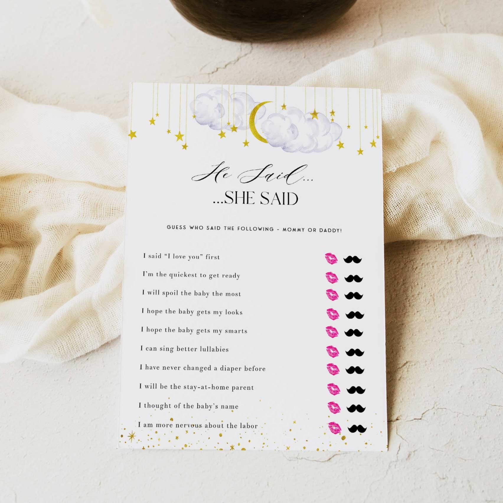 Fully editable and printable baby shower he said she said game with a little star design. Perfect for a Twinkle Little Star baby shower themed party