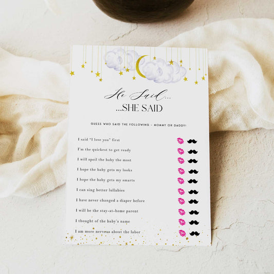 Fully editable and printable baby shower he said she said game with a little star design. Perfect for a Twinkle Little Star baby shower themed party