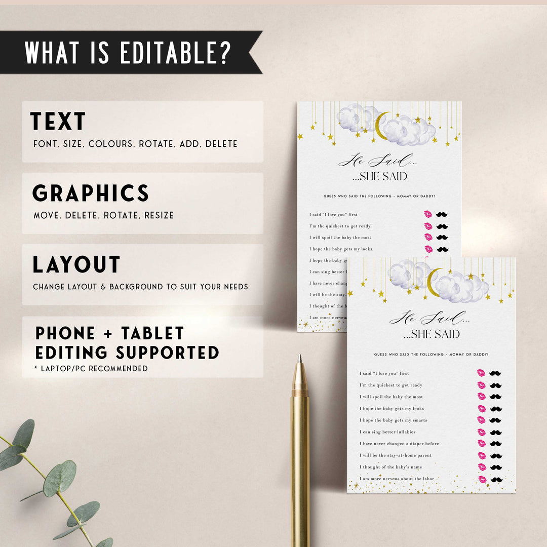 Fully editable and printable baby shower he said she said game with a little star design. Perfect for a Twinkle Little Star baby shower themed party