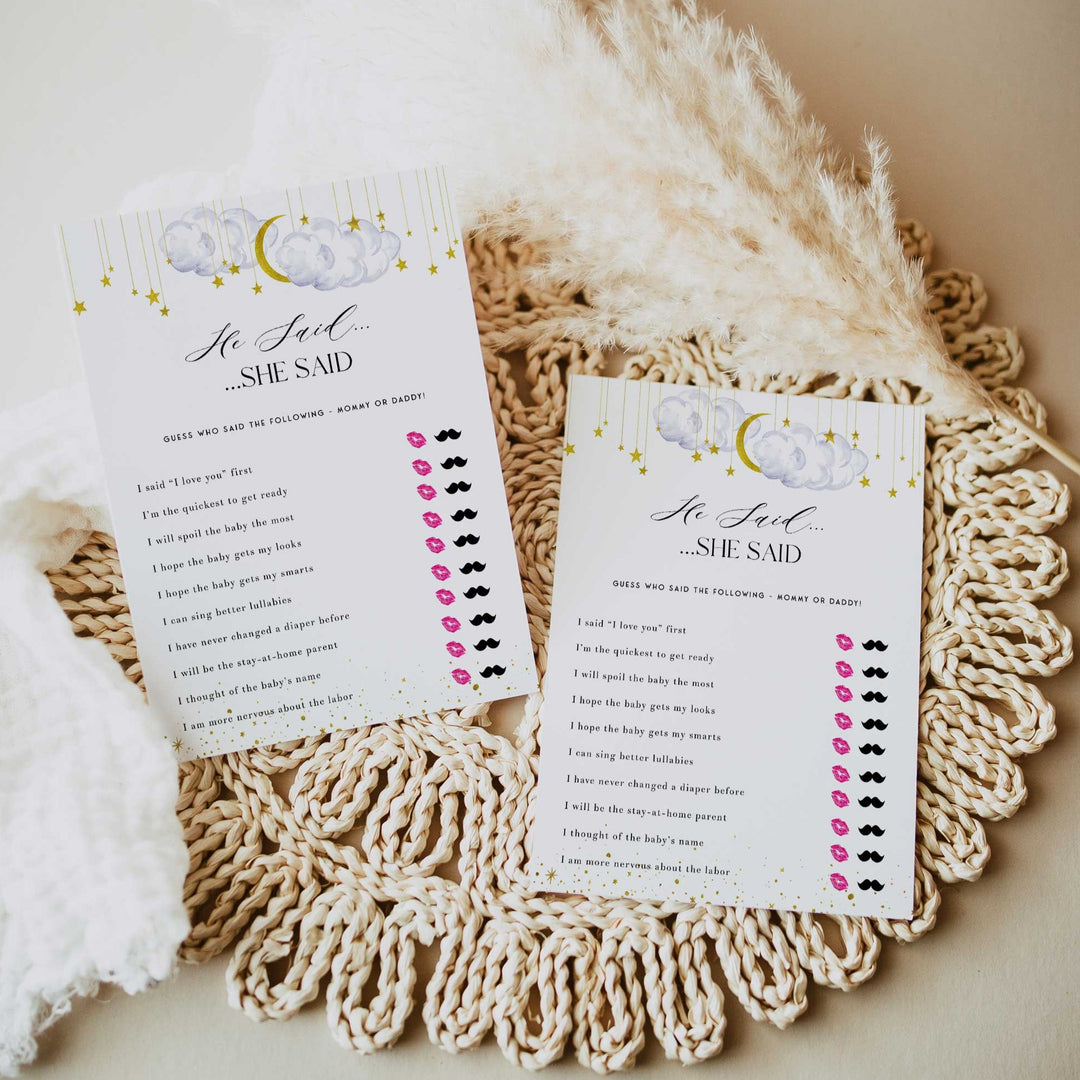 Fully editable and printable baby shower he said she said game with a little star design. Perfect for a Twinkle Little Star baby shower themed party