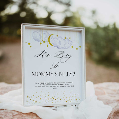 Fully editable and printable baby shower how big is mommy's belly game with a little star design. Perfect for a Twinkle Little Star baby shower themed party