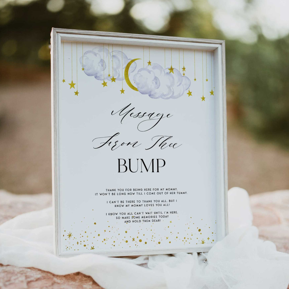 Fully editable and printable baby shower message from the bump game with a little star design. Perfect for a Twinkle Little Star baby shower themed party