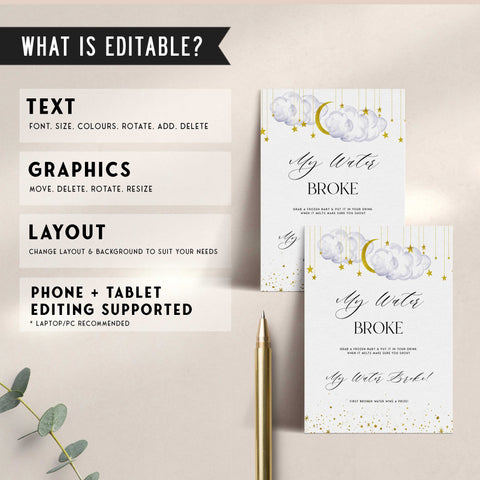 Fully editable and printable baby shower my water broke game with a little star design. Perfect for a Twinkle Little Star baby shower themed party