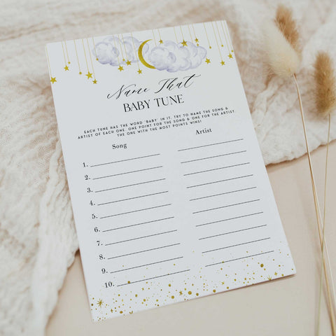 Fully editable and printable baby shower name that baby tune game with a little star design. Perfect for a Twinkle Little Star baby shower themed party