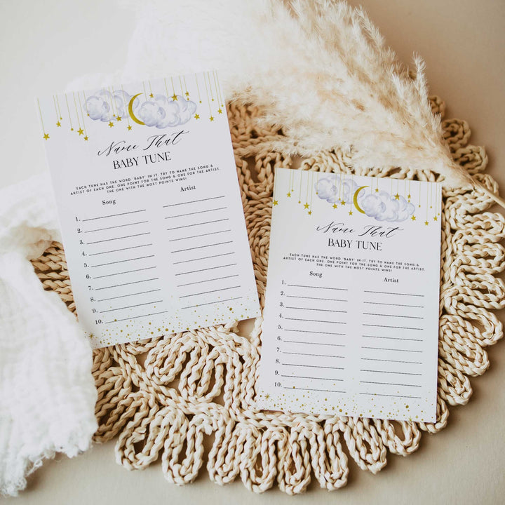 Fully editable and printable baby shower name that baby tune game with a little star design. Perfect for a Twinkle Little Star baby shower themed party