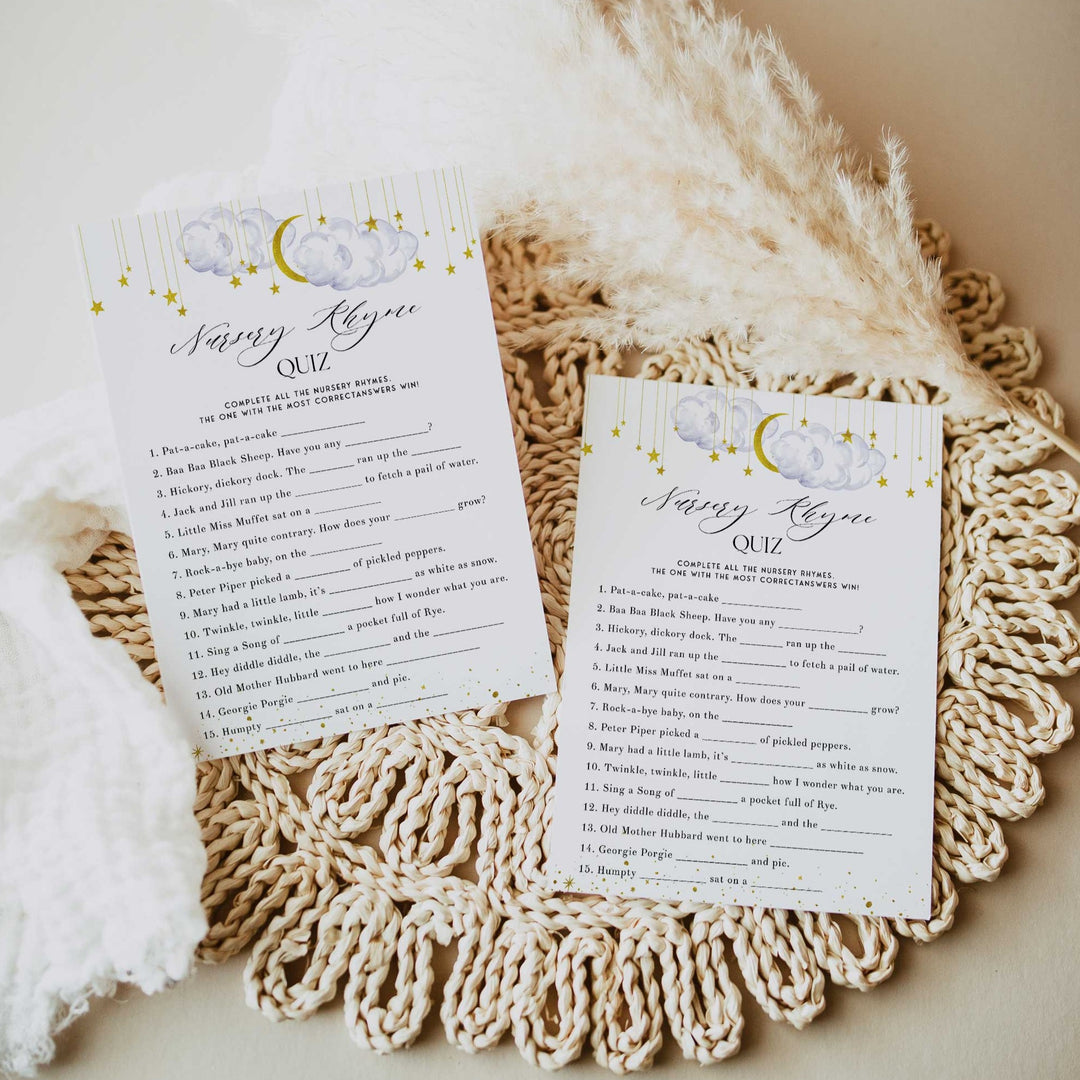 Fully editable and printable baby shower nursery rhyme quiz game with a little star design. Perfect for a Twinkle Little Star baby shower themed party