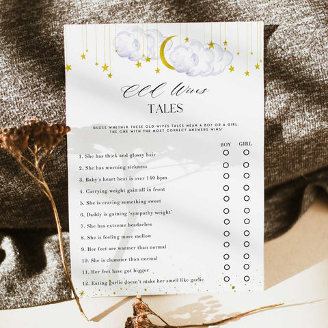 Fully editable and printable baby shower old wives tales game with a little star design. Perfect for a Twinkle Little Star baby shower themed party