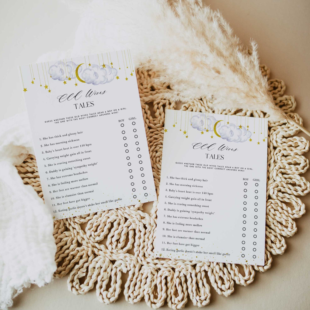 Fully editable and printable baby shower old wives tales game with a little star design. Perfect for a Twinkle Little Star baby shower themed party