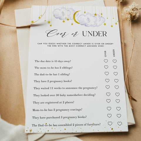 Fully editable and printable baby shower over or under game with a little star design. Perfect for a Twinkle Little Star baby shower themed party