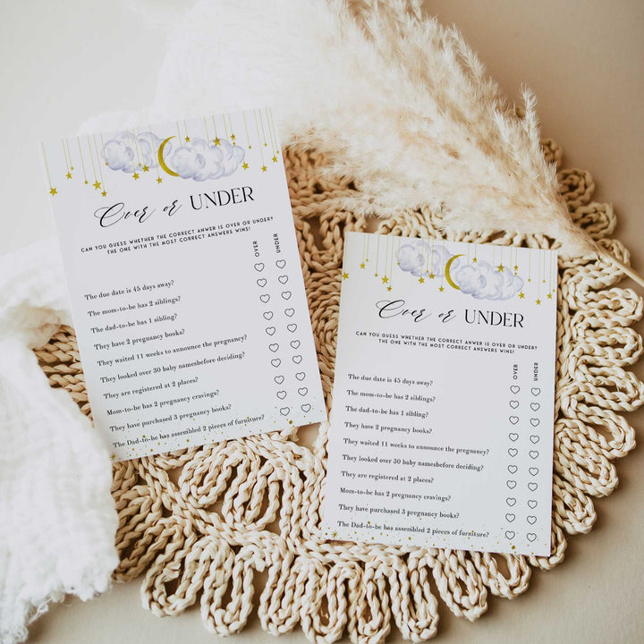 Fully editable and printable baby shower over or under game with a little star design. Perfect for a Twinkle Little Star baby shower themed party