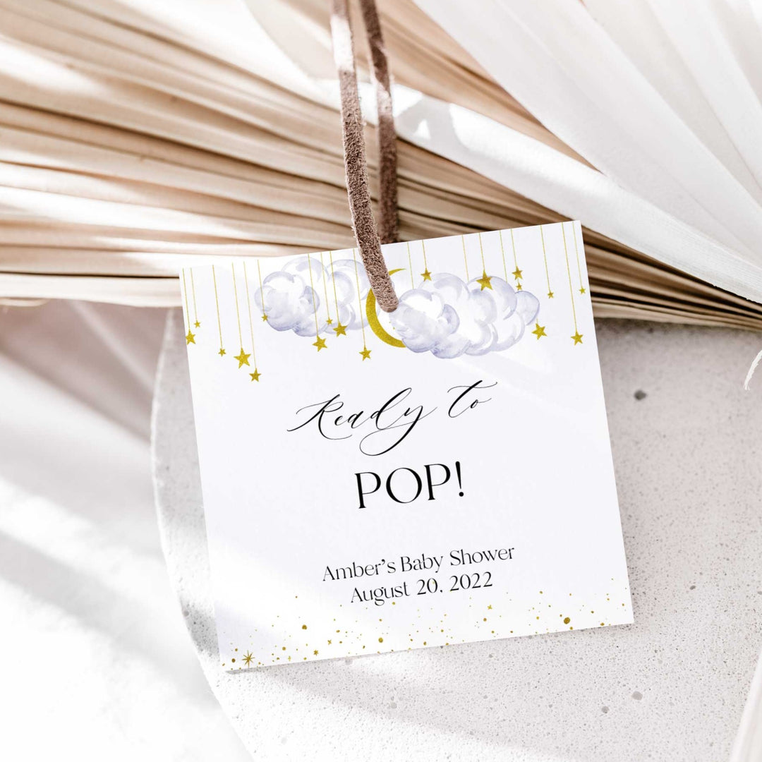 Fully editable and printable baby shower ready to pop favor tags with a little star design. Perfect for a Twinkle Little Star baby shower themed party