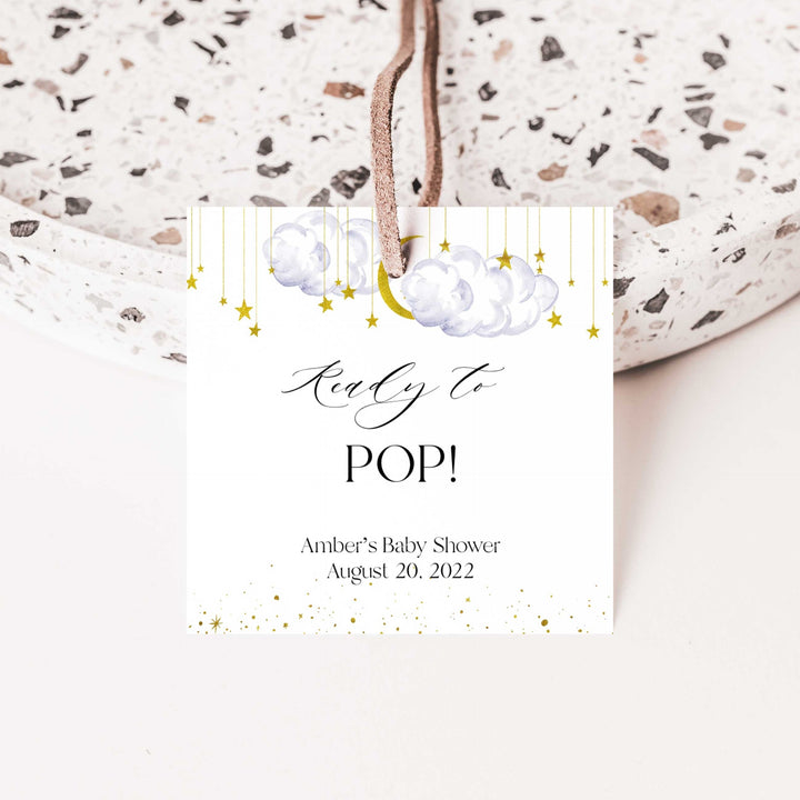 Fully editable and printable baby shower ready to pop favor tags with a little star design. Perfect for a Twinkle Little Star baby shower themed party