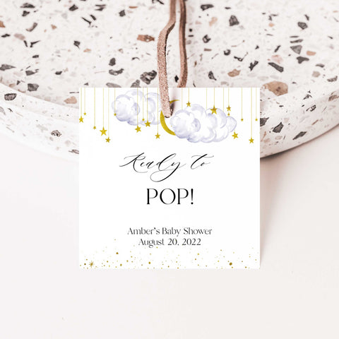 Fully editable and printable baby shower ready to pop favor tags with a little star design. Perfect for a Twinkle Little Star baby shower themed party