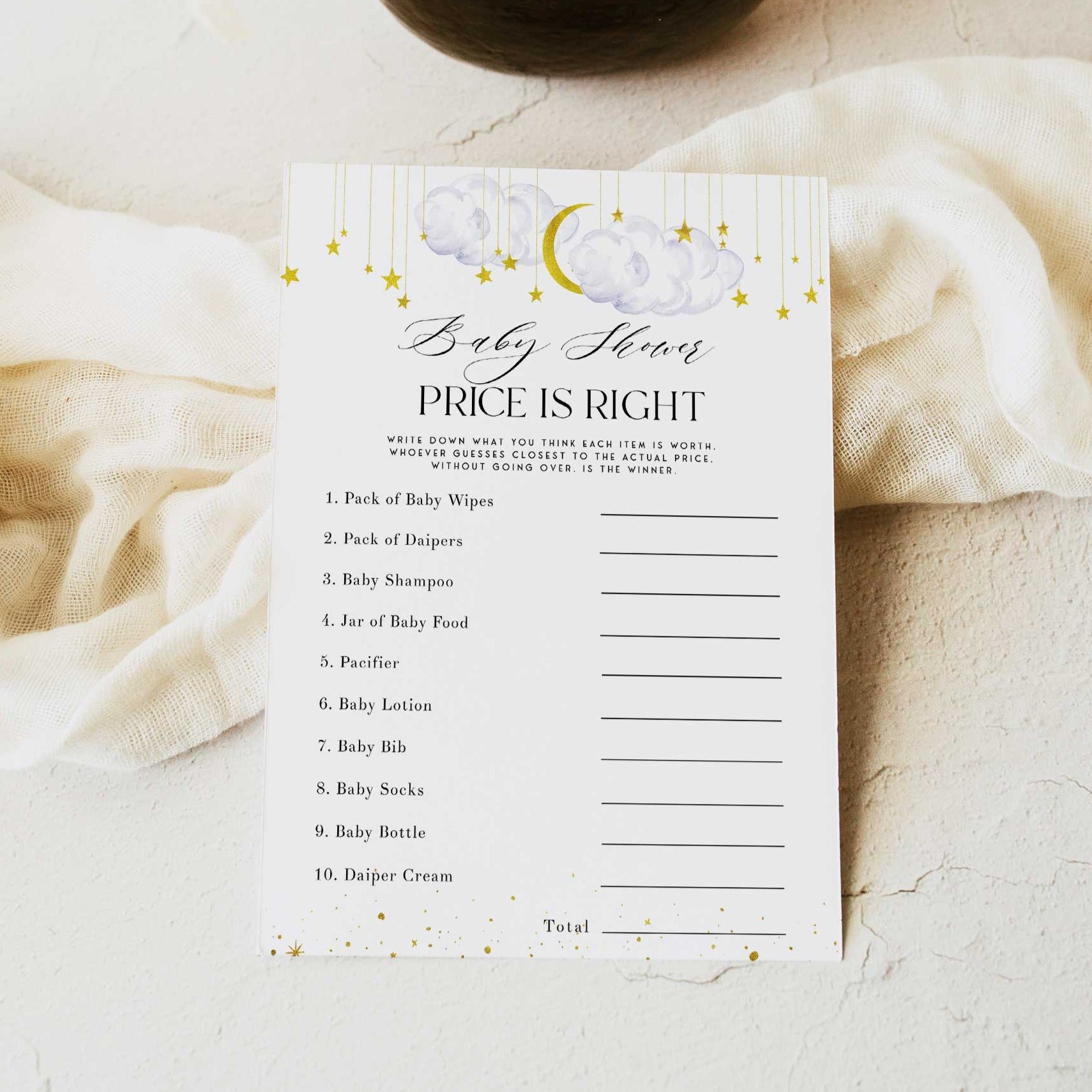 Fully editable and printable baby shower price is right game with a little star design. Perfect for a Twinkle Little Star baby shower themed party