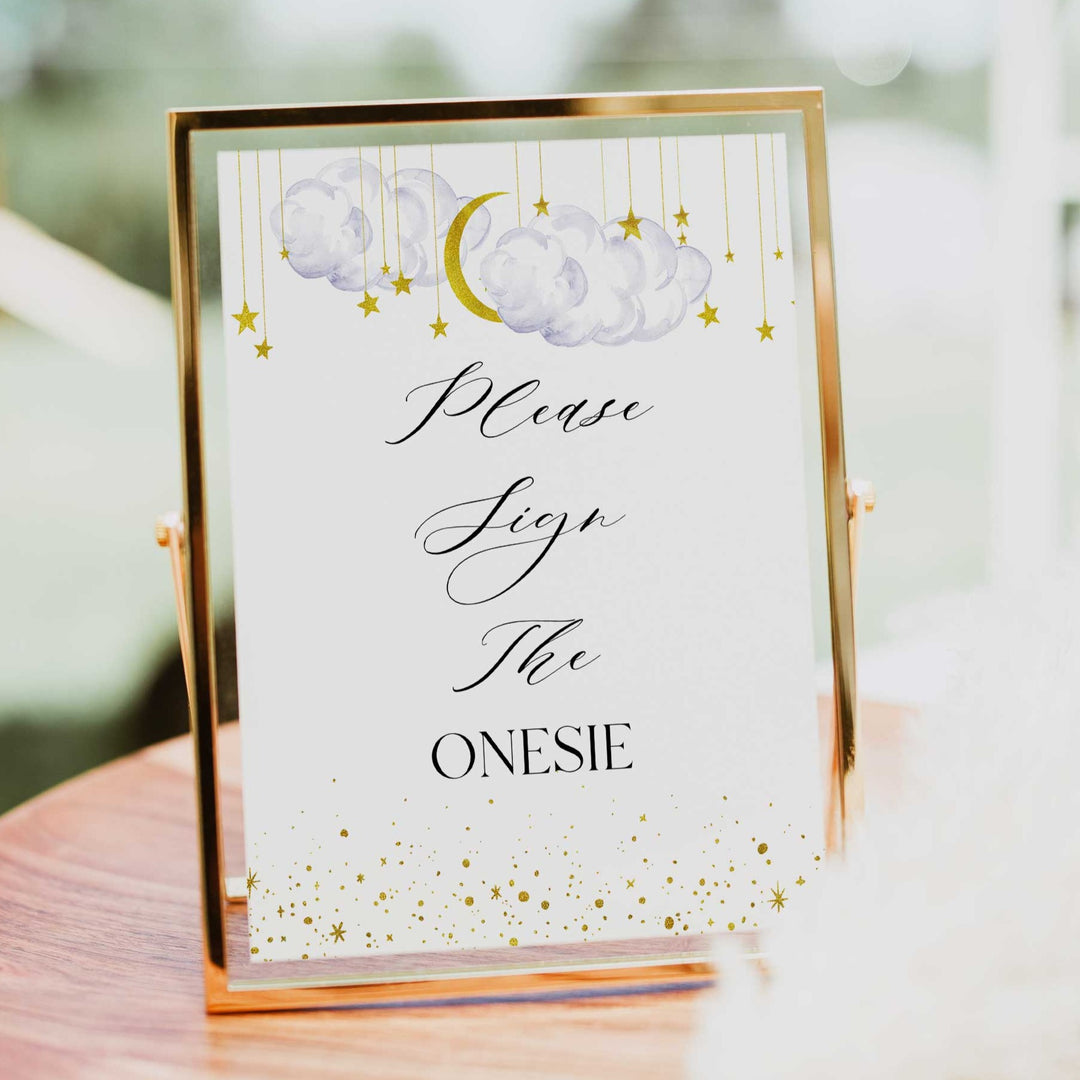 Fully editable and printable baby shower sign the onesie game with a little star design. Perfect for a Twinkle Little Star baby shower themed party