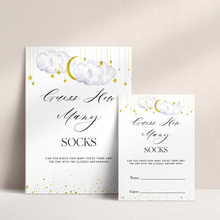 Fully editable and printable baby shower guess the number of socks game with a little star design. Perfect for a Twinkle Little Star baby shower themed party