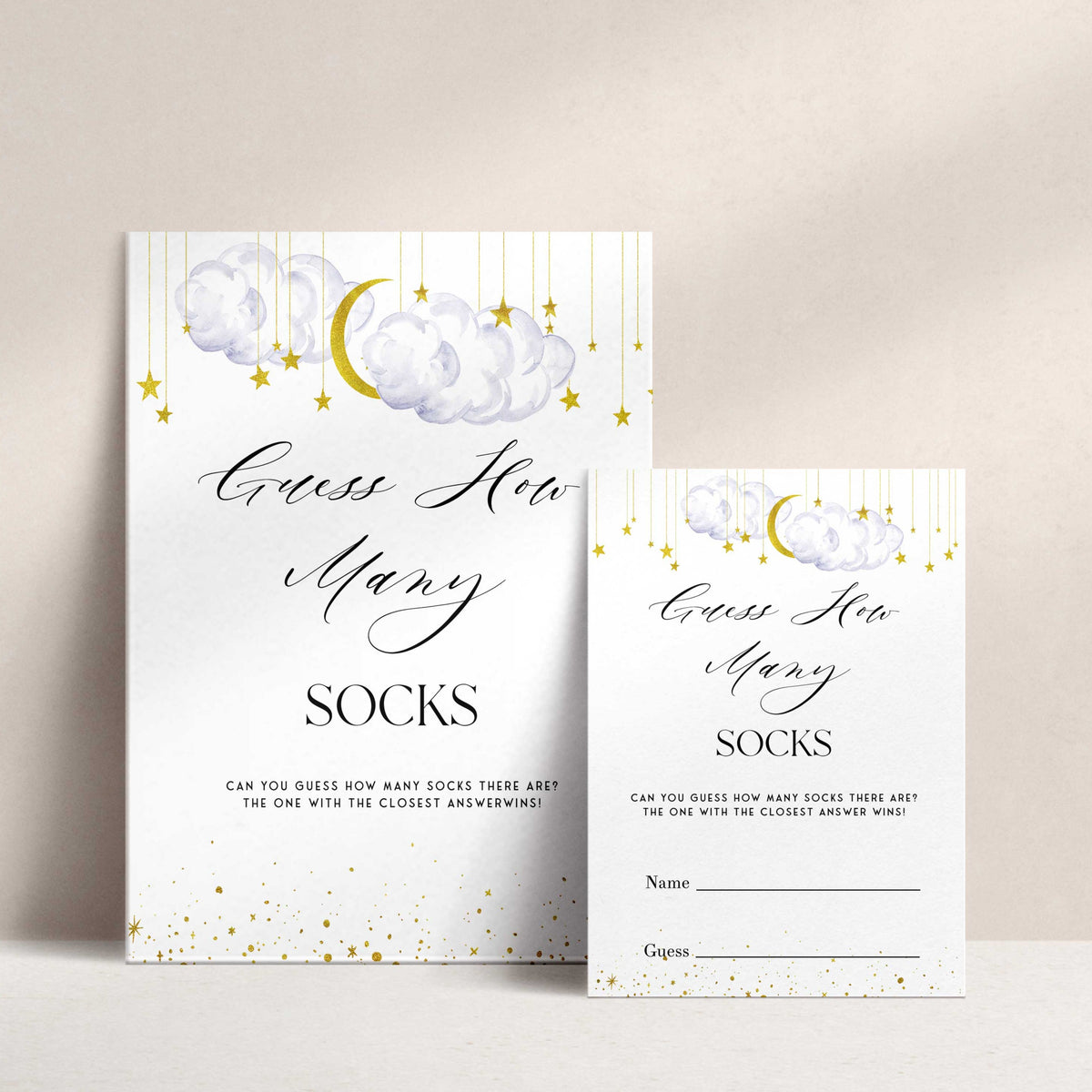 Fully editable and printable baby shower guess the number of socks game with a little star design. Perfect for a Twinkle Little Star baby shower themed party