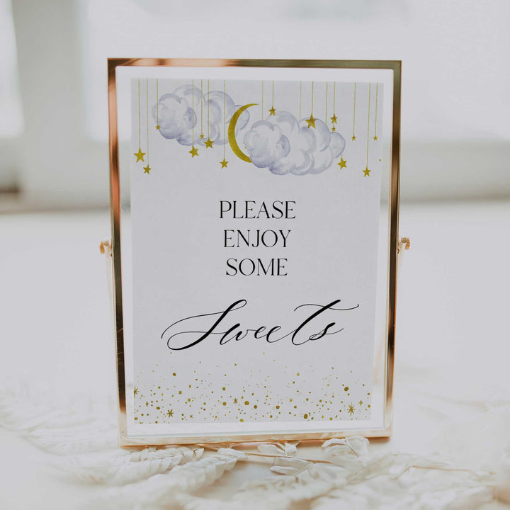 Fully editable and printable baby shower sweets table sign with a twinkle little star design. Perfect for a twinkle little star baby shower themed party