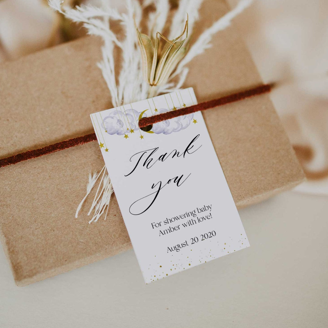 Fully editable and printable baby shower thank you tags with a twinkle little star design. Perfect for a twinkle little star baby shower themed party