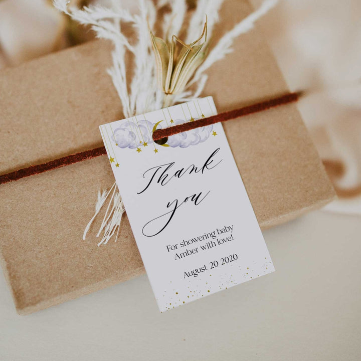 Fully editable and printable baby shower thank you tags with a twinkle little star design. Perfect for a twinkle little star baby shower themed party